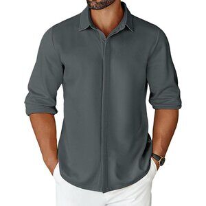 Mens Grey Long Sleeve Wrinkle Free Shirt Casual Button Down Shirt Dress